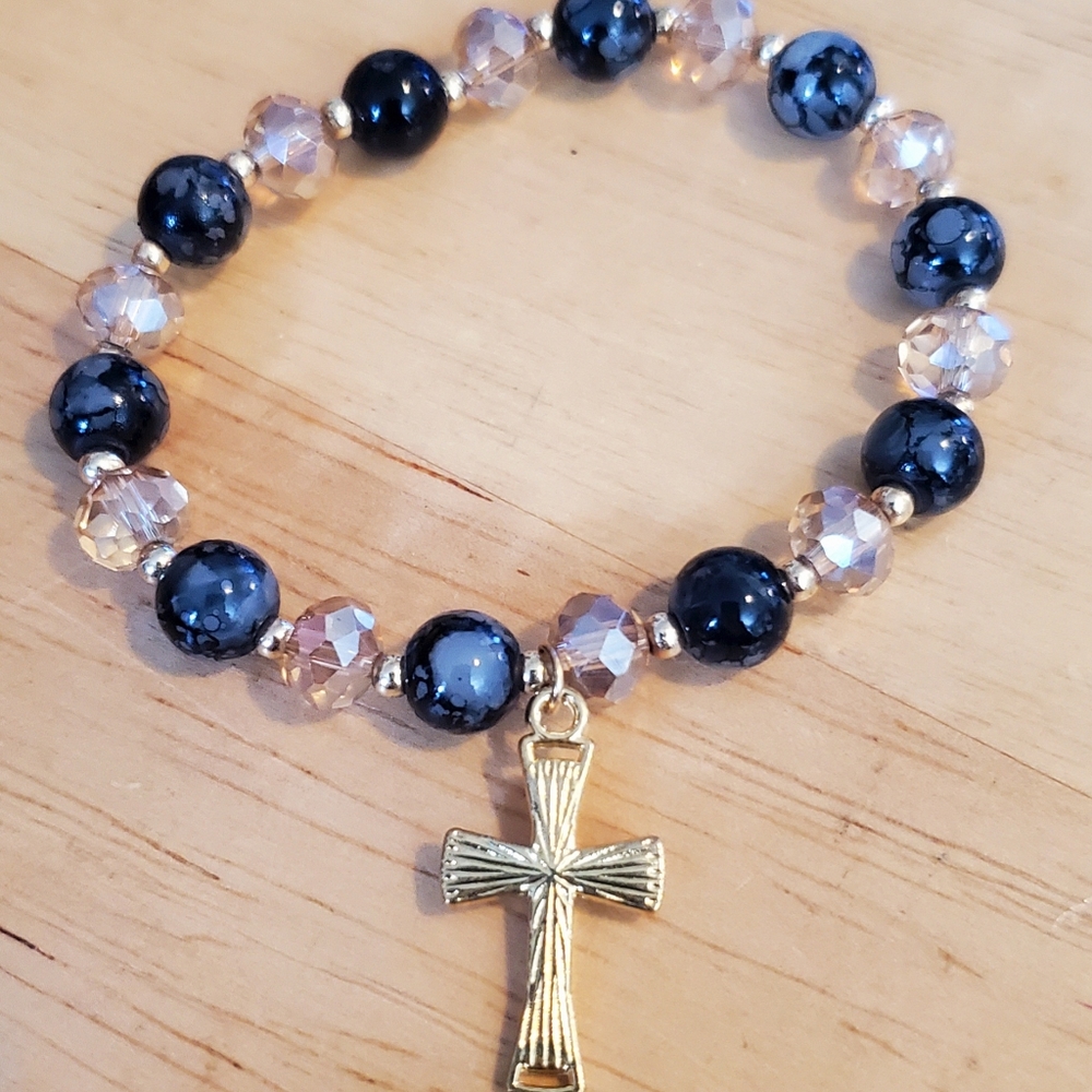Genuune Blue Stone Beaded Bracelet with Gold Tone Cross Charm - Picture 3 of 5